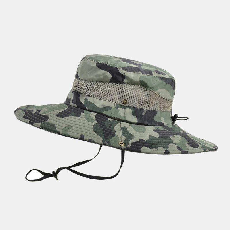 Hommes Seau Chapeau Polyester Camouflage Maille Respirant Large Bord Crème Solaire Pêche En Plein Air Escalade Seau Chapeau