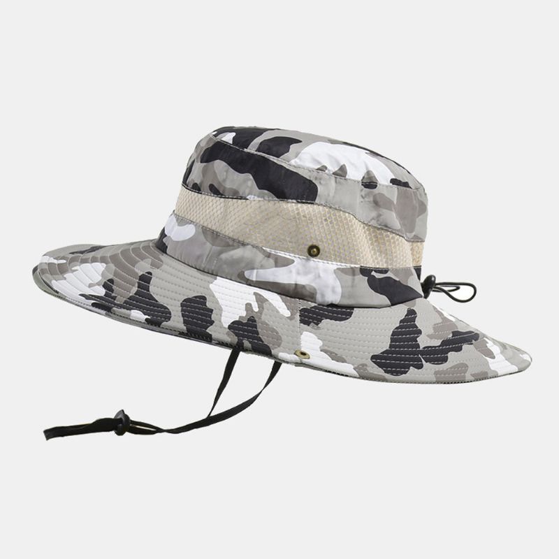 Hommes Seau Chapeau Polyester Camouflage Maille Respirant Large Bord Crème Solaire Pêche En Plein Air Escalade Seau Chapeau