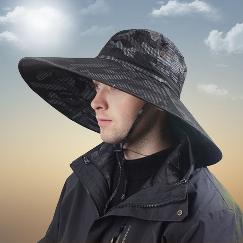 Hommes Seau Chapeau Polyester Camouflage Réglable Surdimensionné Bord Respirant Crème Solaire Pêche En Plein Air Escalade Seau Chapeau