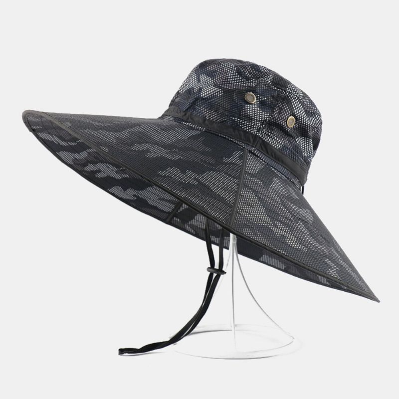 Hommes Seau Chapeau Polyester Camouflage Réglable Surdimensionné Bord Respirant Crème Solaire Pêche En Plein Air Escalade Seau Chapeau