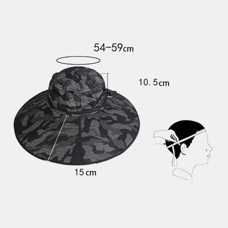 Hommes Seau Chapeau Polyester Camouflage Réglable Surdimensionné Bord Respirant Crème Solaire Pêche En Plein Air Escalade Seau Chapeau