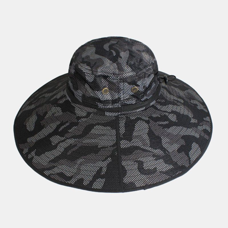 Hommes Seau Chapeau Polyester Camouflage Réglable Surdimensionné Bord Respirant Crème Solaire Pêche En Plein Air Escalade Seau Chapeau