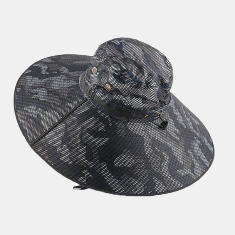 Hommes Seau Chapeau Polyester Camouflage Réglable Surdimensionné Bord Respirant Crème Solaire Pêche En Plein Air Escalade Seau Chapeau