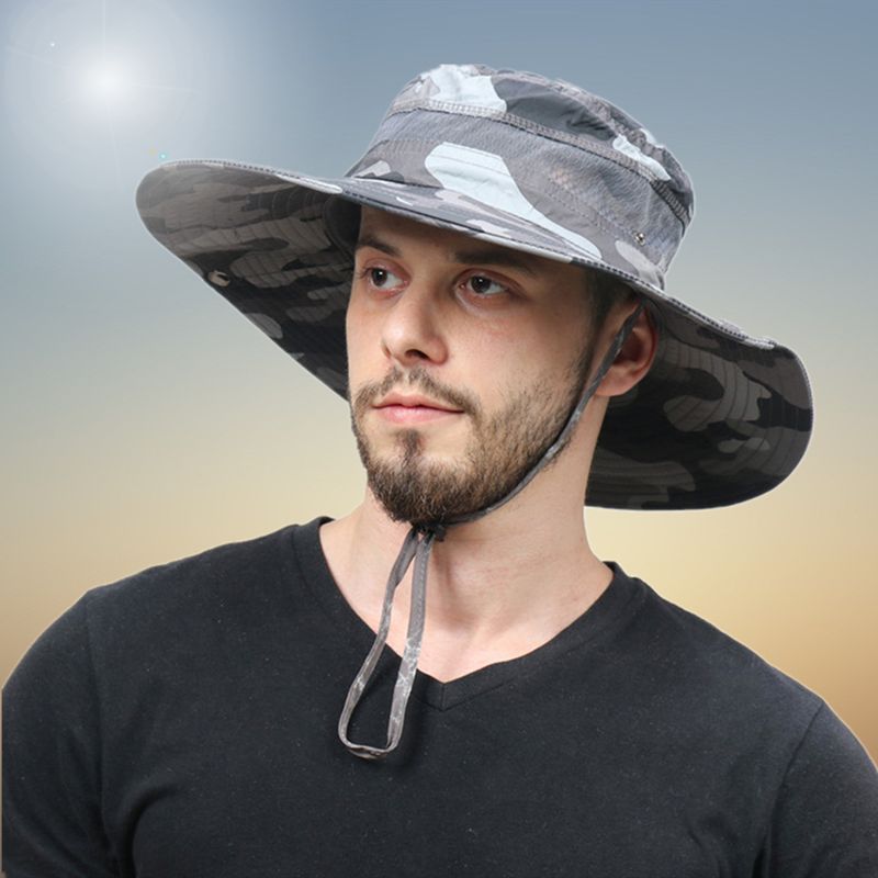 Hommes Seau Chapeau Polyester Maille Patchwork Camouflage Large Bord Séchage Rapide Respirant Crème Solaire Pêche En Plein Air Escalade Seau Chapeau