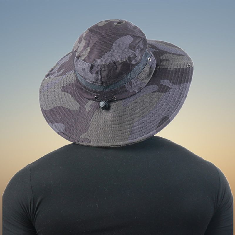 Hommes Seau Chapeau Polyester Maille Patchwork Camouflage Large Bord Séchage Rapide Respirant Crème Solaire Pêche En Plein Air Escalade Seau Chapeau