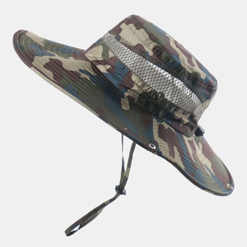 Hommes Seau Chapeau Polyester Maille Patchwork Camouflage Large Bord Séchage Rapide Respirant Crème Solaire Pêche En Plein Air Escalade Seau Chapeau