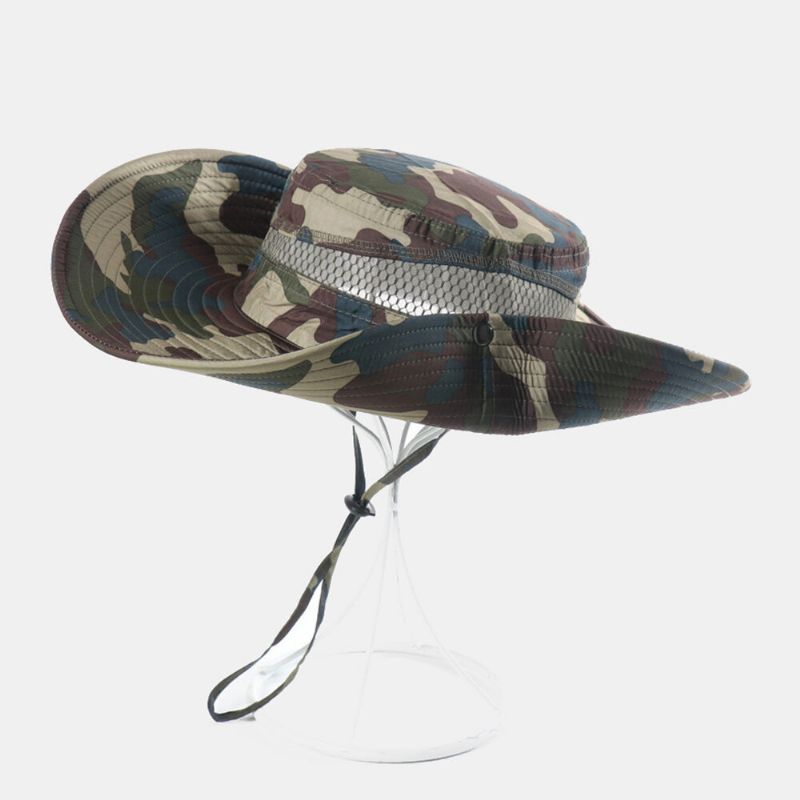 Hommes Seau Chapeau Polyester Maille Patchwork Camouflage Large Bord Séchage Rapide Respirant Crème Solaire Pêche En Plein Air Escalade Seau Chapeau