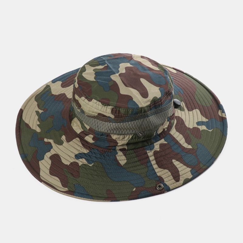 Hommes Seau Chapeau Polyester Maille Patchwork Camouflage Large Bord Séchage Rapide Respirant Crème Solaire Pêche En Plein Air Escalade Seau Chapeau