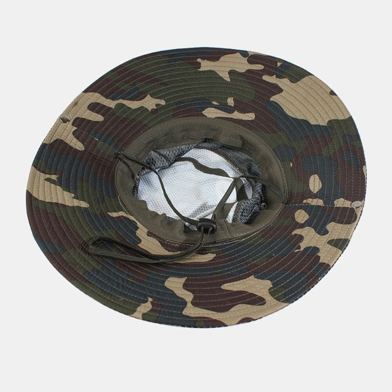 Hommes Seau Chapeau Polyester Maille Patchwork Camouflage Large Bord Séchage Rapide Respirant Crème Solaire Pêche En Plein Air Escalade Seau Chapeau