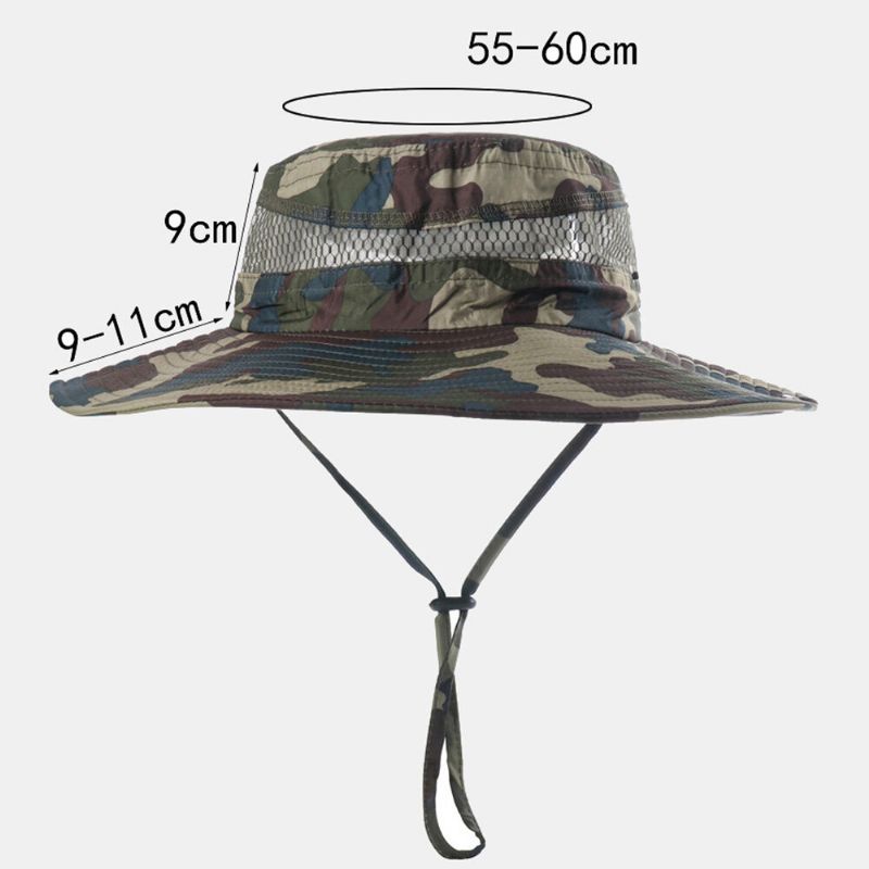 Hommes Seau Chapeau Polyester Maille Patchwork Camouflage Large Bord Séchage Rapide Respirant Crème Solaire Pêche En Plein Air Escalade Seau Chapeau