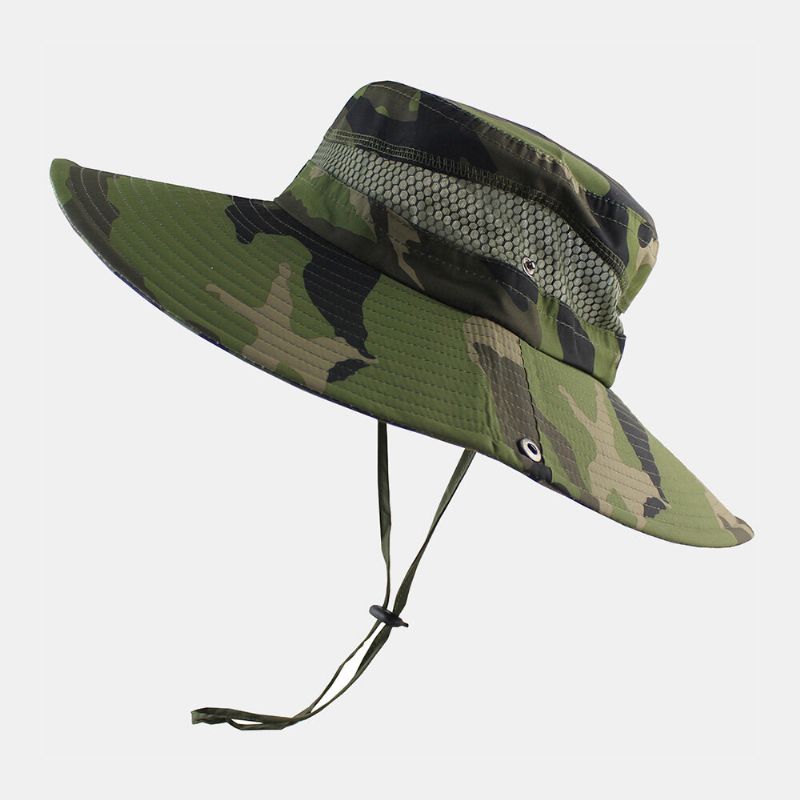 Hommes Seau Chapeau Polyester Maille Patchwork Camouflage Large Bord Séchage Rapide Respirant Crème Solaire Pêche En Plein Air Escalade Seau Chapeau