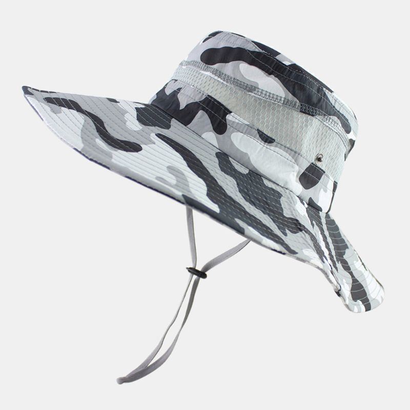 Hommes Seau Chapeau Polyester Maille Patchwork Camouflage Large Bord Séchage Rapide Respirant Crème Solaire Pêche En Plein Air Escalade Seau Chapeau