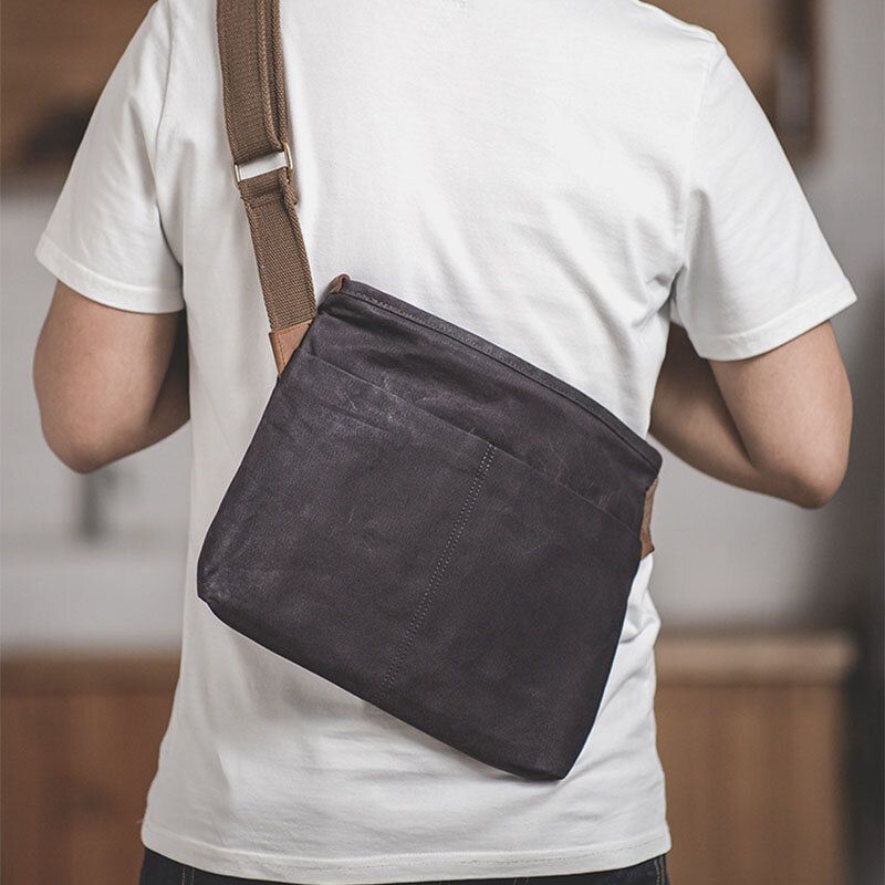 Hommes Simple Huile Cire Toile Messenger Sac Étanche Renforcé Polyester Sangle Sac À Bandoulière Sac À Bandoulière