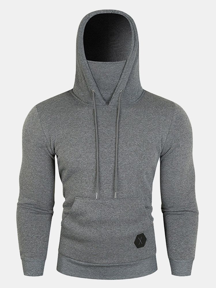 Hommes Solid Drawstring Fleece High Neck Sport Avec Poches Avant Sweat À Capuche