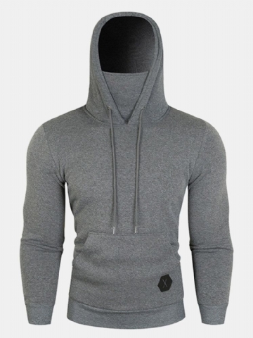 Hommes Solid Drawstring Fleece High Neck Sport Avec Poches Avant Sweat À Capuche