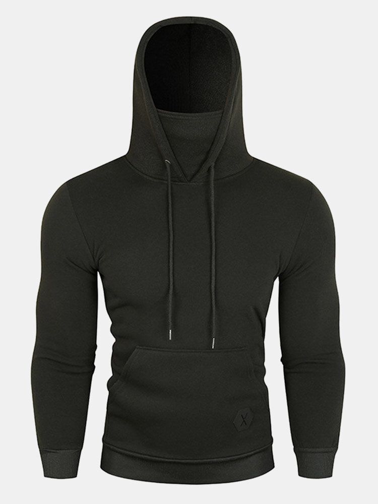 Hommes Solid Drawstring Fleece High Neck Sport Avec Poches Avant Sweat À Capuche