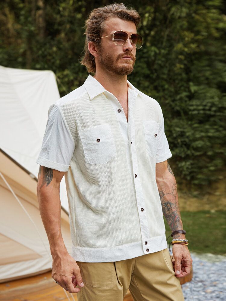 Hommes Solide Boutons Avant Poche Poitrine Style Camping Toutes Chemises Assorties