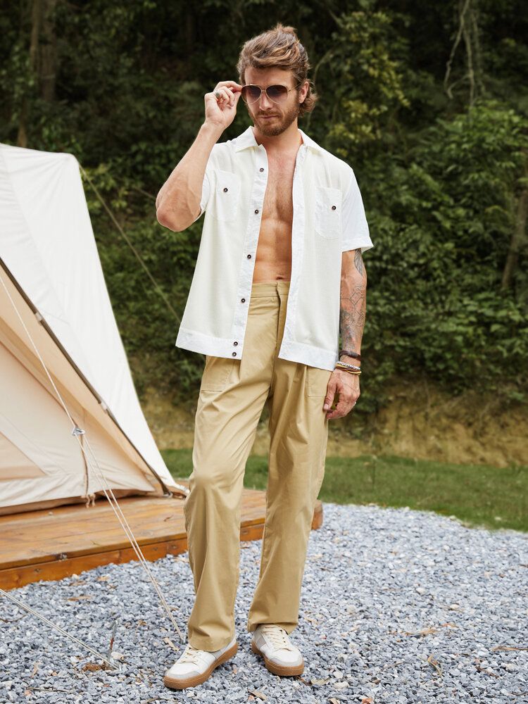 Hommes Solide Boutons Avant Poche Poitrine Style Camping Toutes Chemises Assorties