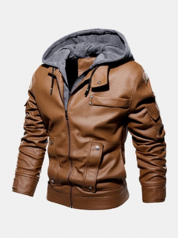 Hommes Solide Couleur Pu Zipper Poches Casual Épais Chaud Manteaux À Capuche