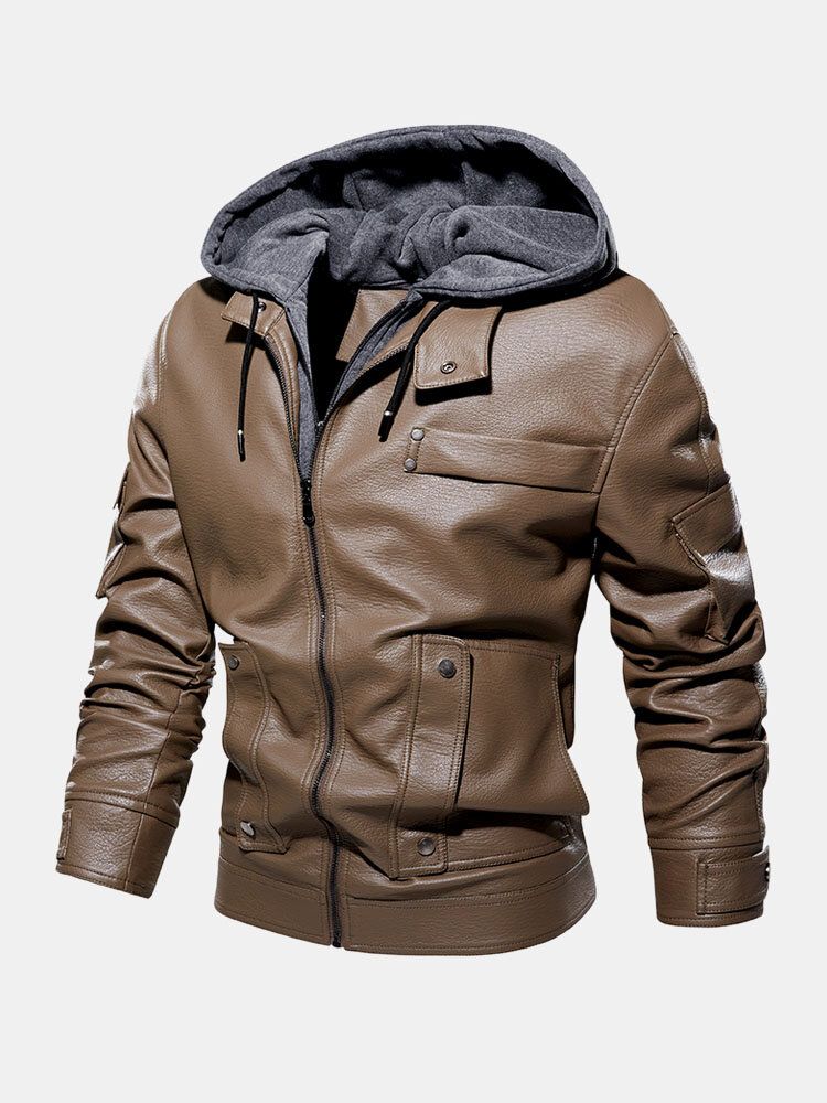 Hommes Solide Couleur Pu Zipper Poches Casual Épais Chaud Manteaux À Capuche