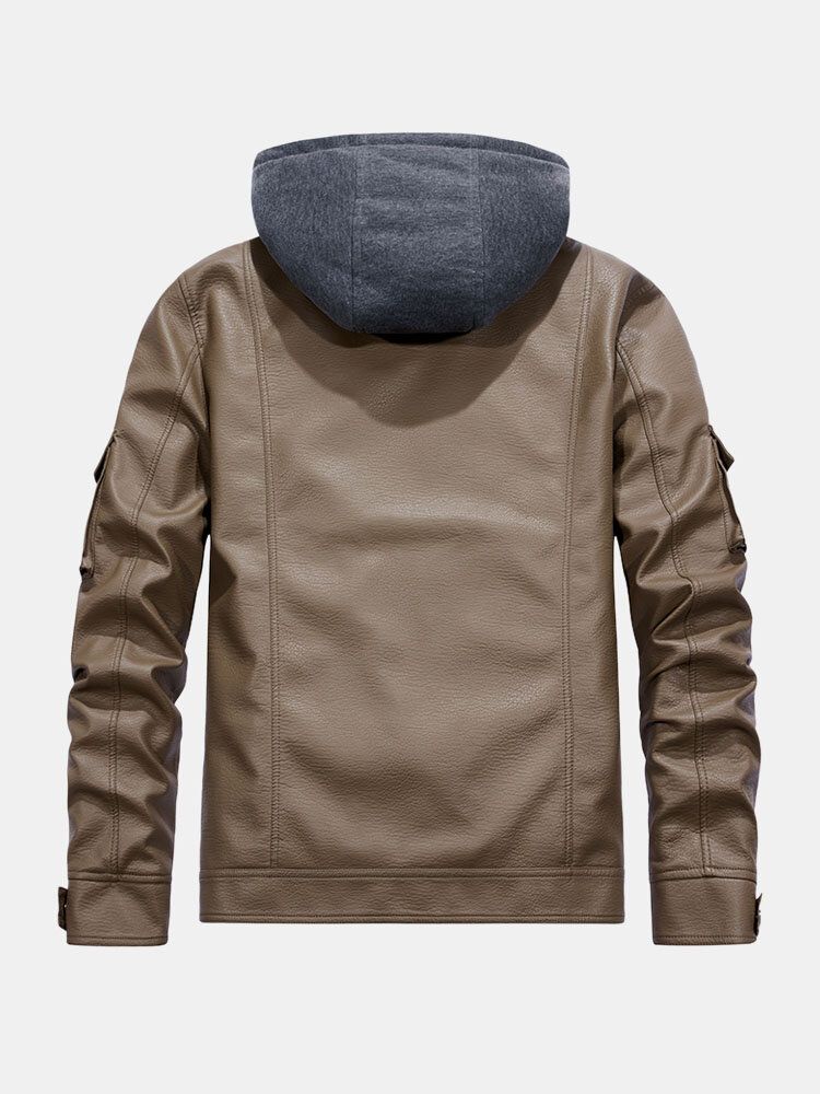 Hommes Solide Couleur Pu Zipper Poches Casual Épais Chaud Manteaux À Capuche