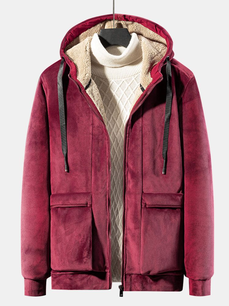 Hommes Solide Couleur Velours Sherpa Doublé Chaud Grande Poche Épaissir Manteaux