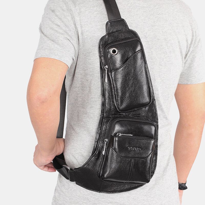 Hommes Solide En Cuir Véritable Prise Casque Sac À Bandoulière Sac De Poitrine Sac À Bandoulière