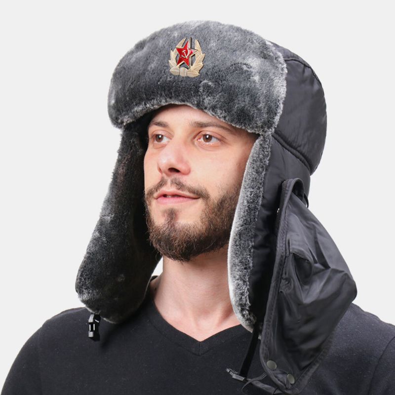 Hommes Solide Insigne Soviétique Coupe-vent Trappeur Chapeau Extérieur Épaissir Oreille Protection Chaud Russe Chapeau Ushanka Chapeau