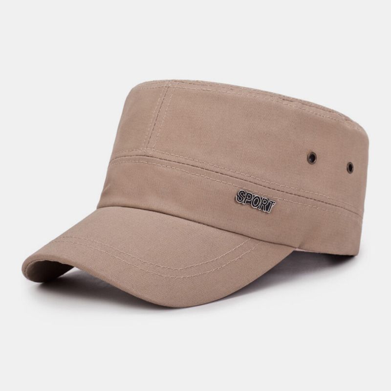 Hommes Solide Métal Lettre Étiquette Plat Top Cap Bord Court Extérieur Suncreen Casquette Militaire Cadet Chapeau