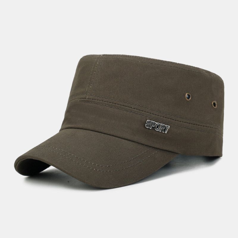 Hommes Solide Métal Lettre Étiquette Plat Top Cap Bord Court Extérieur Suncreen Casquette Militaire Cadet Chapeau