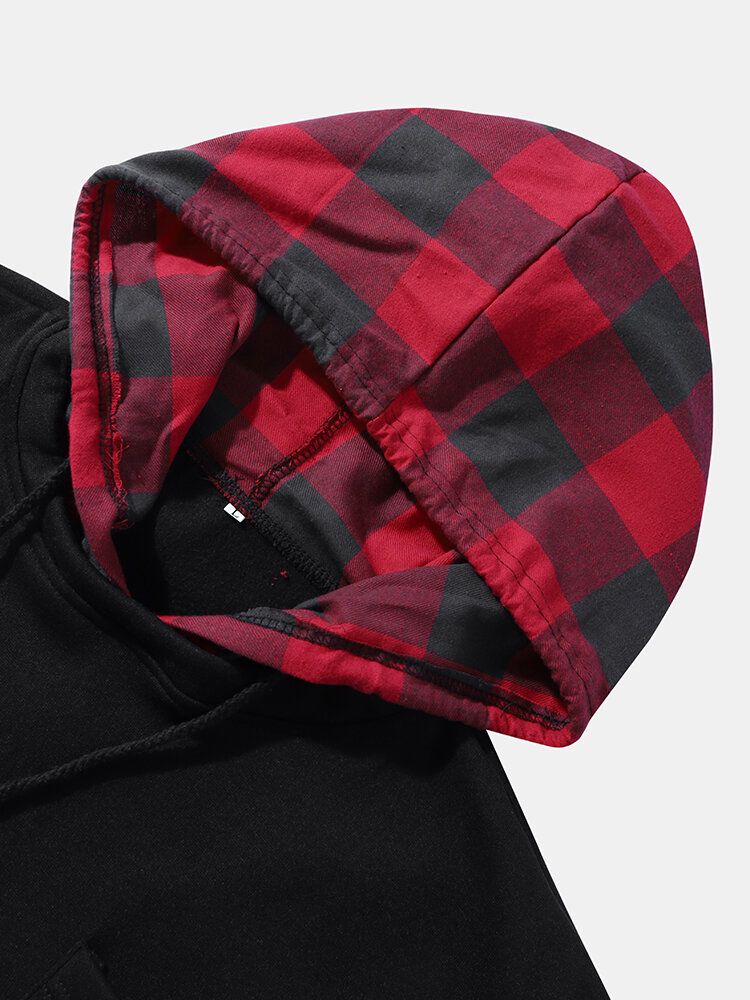 Hommes Splicing Plaid Fakes Sweat À Capuche À Deux Poches Contrastées