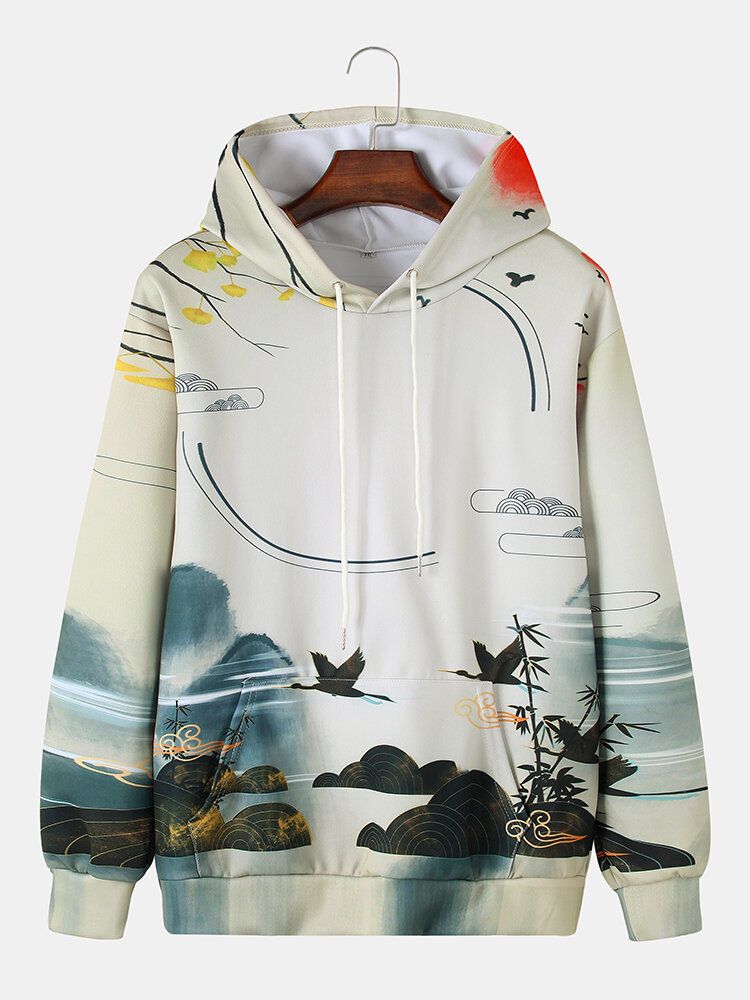 Hommes Style Ethnique Paysage Peinture Imprimer Poche Kangourou Chinoiserie Hoodies