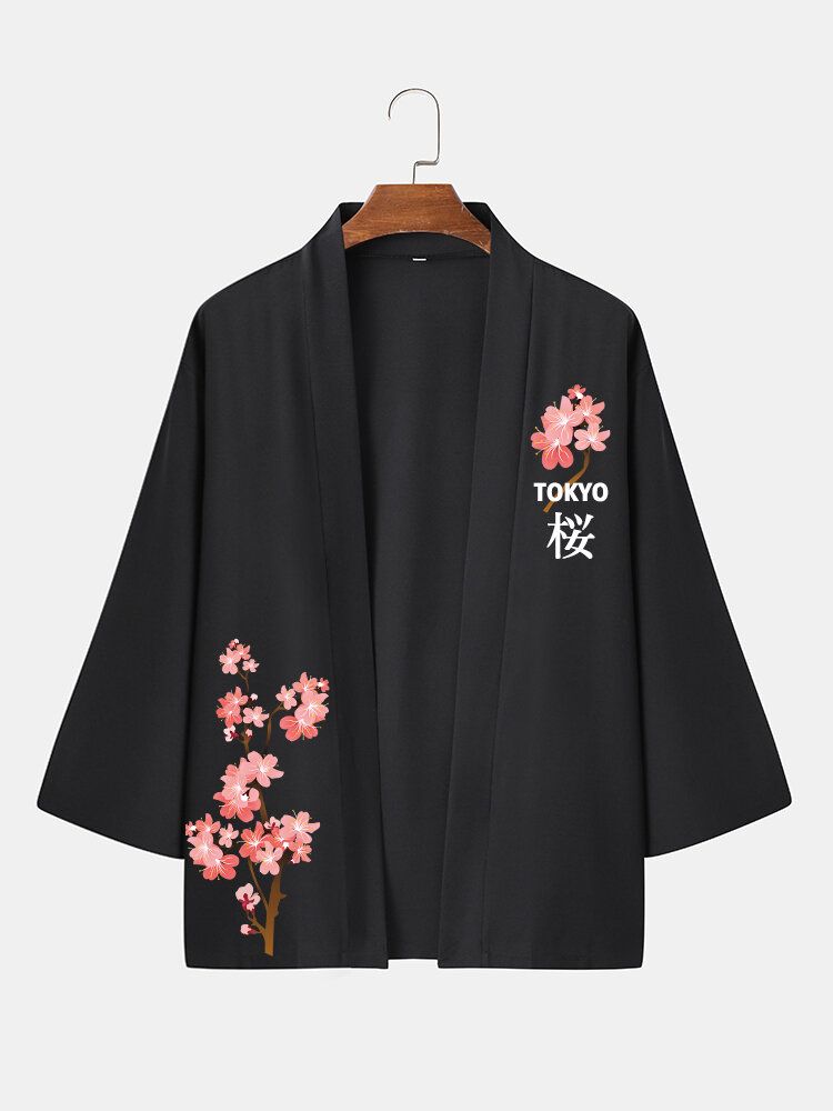 Hommes Style Japonais Cerise Sakuras Imprimé Col Châle Devant Ouvert Chemises De Loisirs