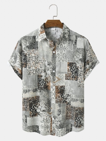 Hommes Style Rétro Patchwork Street Revers Hem Cuff Short Sleeve Regular Shirts