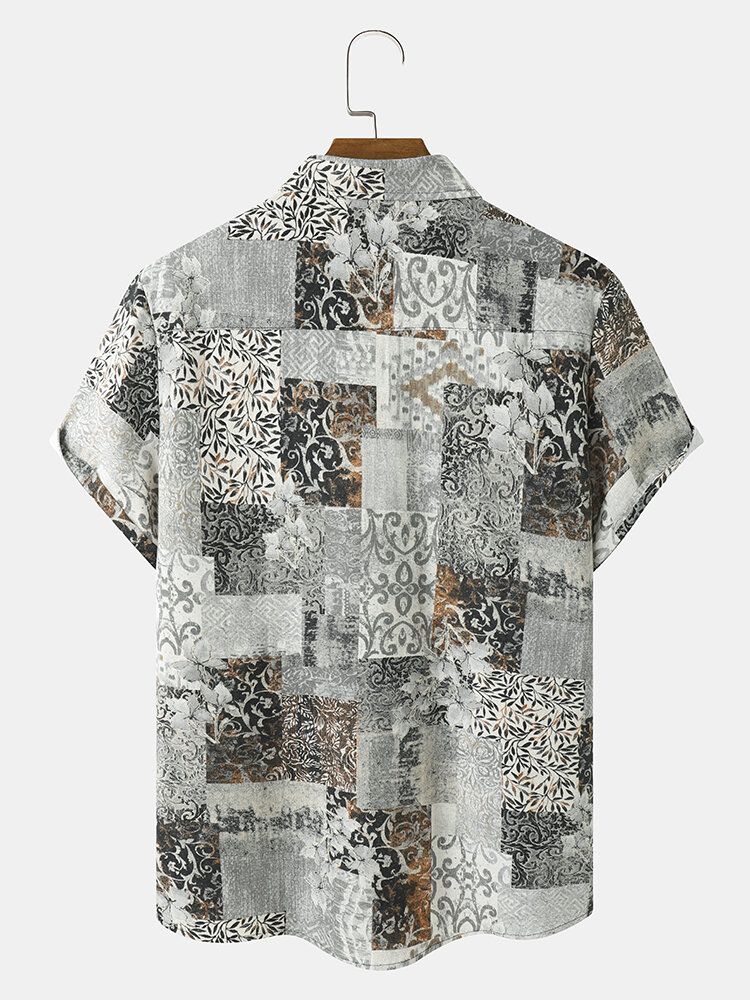 Hommes Style Rétro Patchwork Street Revers Hem Cuff Short Sleeve Regular Shirts