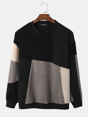 Hommes Teddy Color Block Patchwork Crew Neck Pullover Sweatshirts