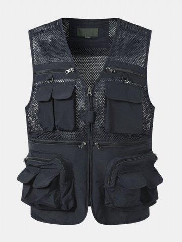 Hommes Tiered Details Mesh Spliced Hoop Multi Pocket Gilets