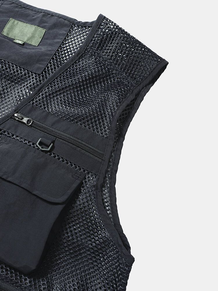 Hommes Tiered Details Mesh Spliced Hoop Multi Pocket Gilets