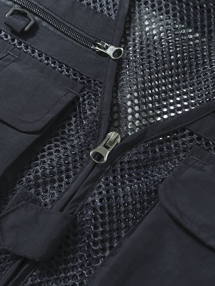 Hommes Tiered Details Mesh Spliced Hoop Multi Pocket Gilets