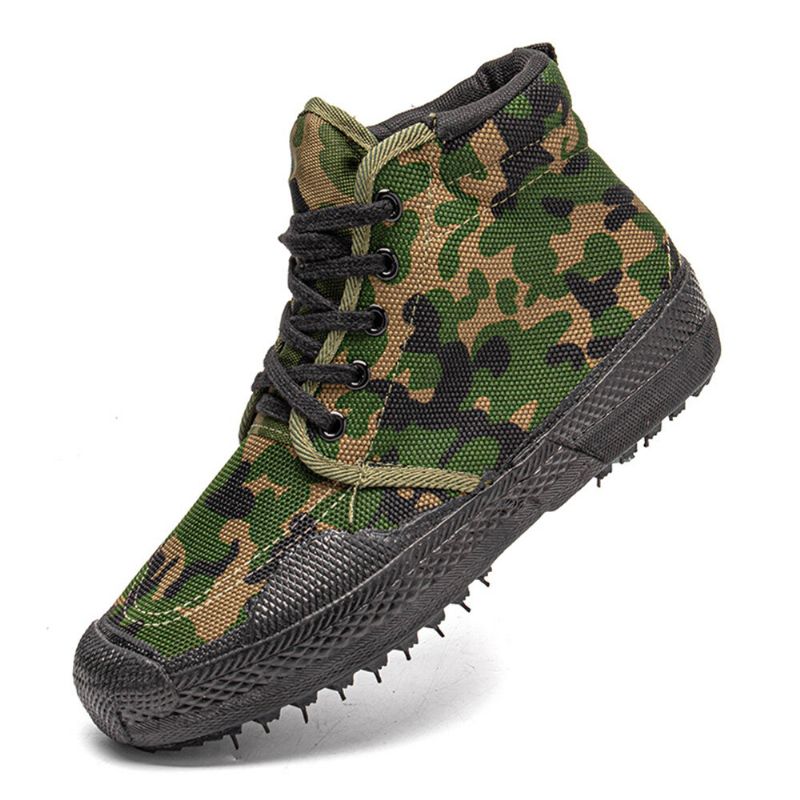 Hommes Toile Camouflage Motif Résistant À L'usure Respirant En Caoutchouc Vulcanisé Haut Haut Libération Chaussures Militaire Formation Chaussures Baskets Sport Chaussures