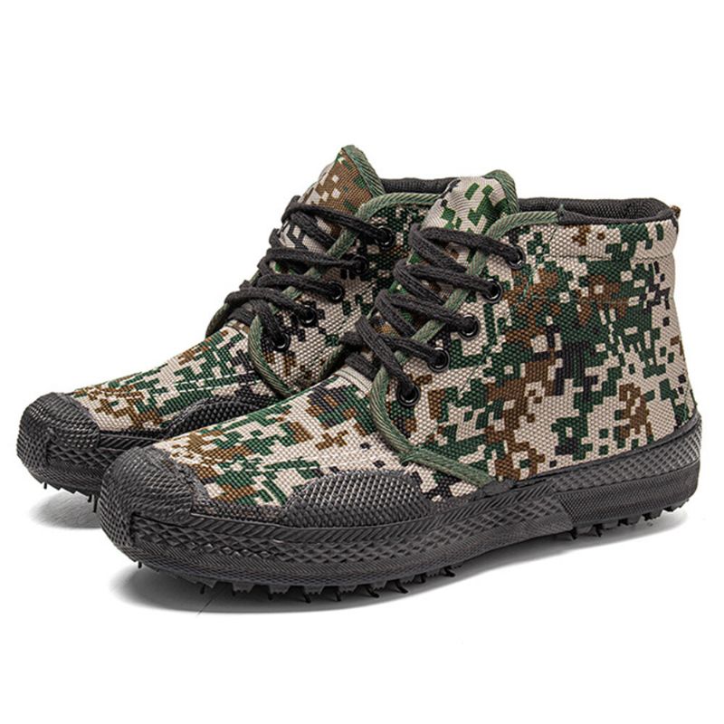 Hommes Toile Camouflage Motif Résistant À L'usure Respirant En Caoutchouc Vulcanisé Haut Haut Libération Chaussures Militaire Formation Chaussures Baskets Sport Chaussures