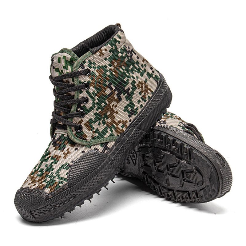 Hommes Toile Camouflage Motif Résistant À L'usure Respirant En Caoutchouc Vulcanisé Haut Haut Libération Chaussures Militaire Formation Chaussures Baskets Sport Chaussures