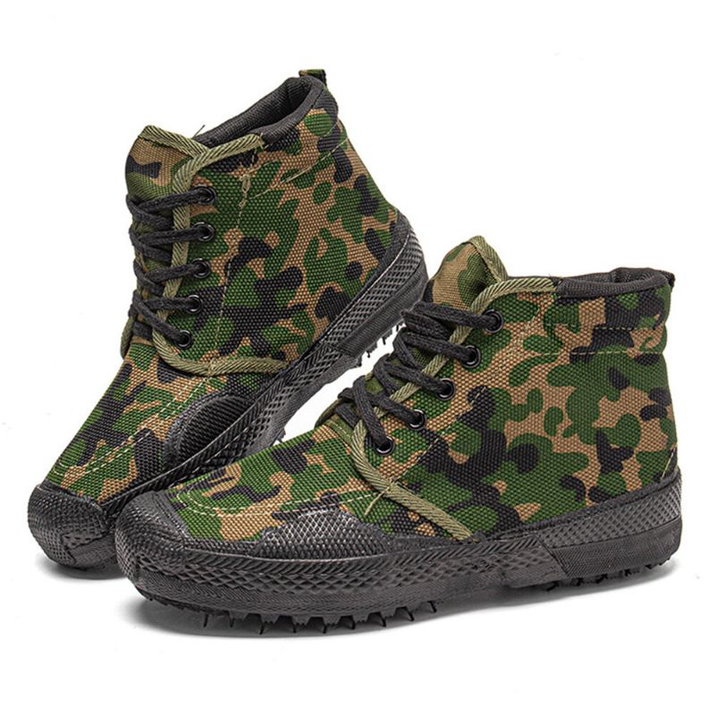 Hommes Toile Camouflage Motif Résistant À L'usure Respirant En Caoutchouc Vulcanisé Haut Haut Libération Chaussures Militaire Formation Chaussures Baskets Sport Chaussures