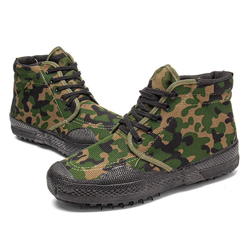 Hommes Toile Camouflage Motif Résistant À L'usure Respirant En Caoutchouc Vulcanisé Haut Haut Libération Chaussures Militaire Formation Chaussures Baskets Sport Chaussures