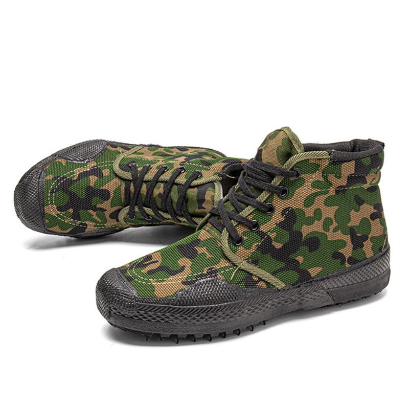 Hommes Toile Camouflage Motif Résistant À L'usure Respirant En Caoutchouc Vulcanisé Haut Haut Libération Chaussures Militaire Formation Chaussures Baskets Sport Chaussures