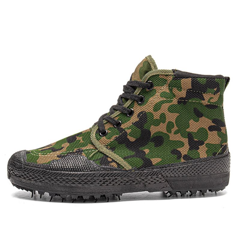 Hommes Toile Camouflage Motif Résistant À L'usure Respirant En Caoutchouc Vulcanisé Haut Haut Libération Chaussures Militaire Formation Chaussures Baskets Sport Chaussures