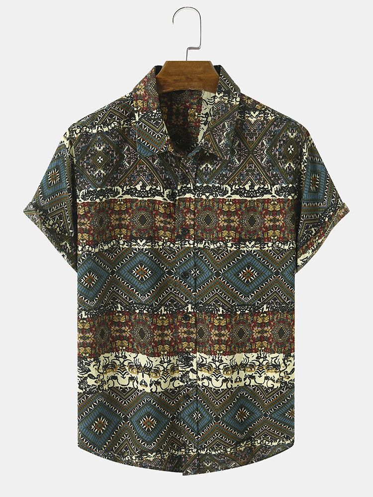 Hommes Tribal Print Patchwork Revers Button Up Hem Cuff Chemises De Loisirs