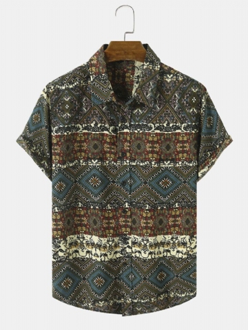 Hommes Tribal Print Patchwork Revers Button Up Hem Cuff Chemises De Loisirs