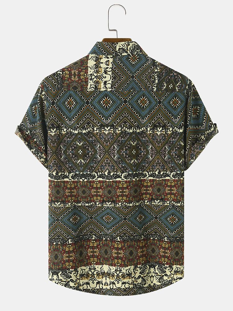 Hommes Tribal Print Patchwork Revers Button Up Hem Cuff Chemises De Loisirs