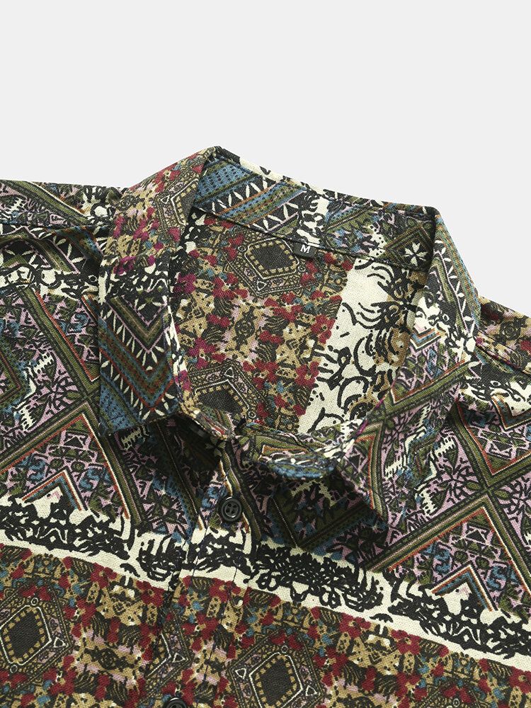 Hommes Tribal Print Patchwork Revers Button Up Hem Cuff Chemises De Loisirs